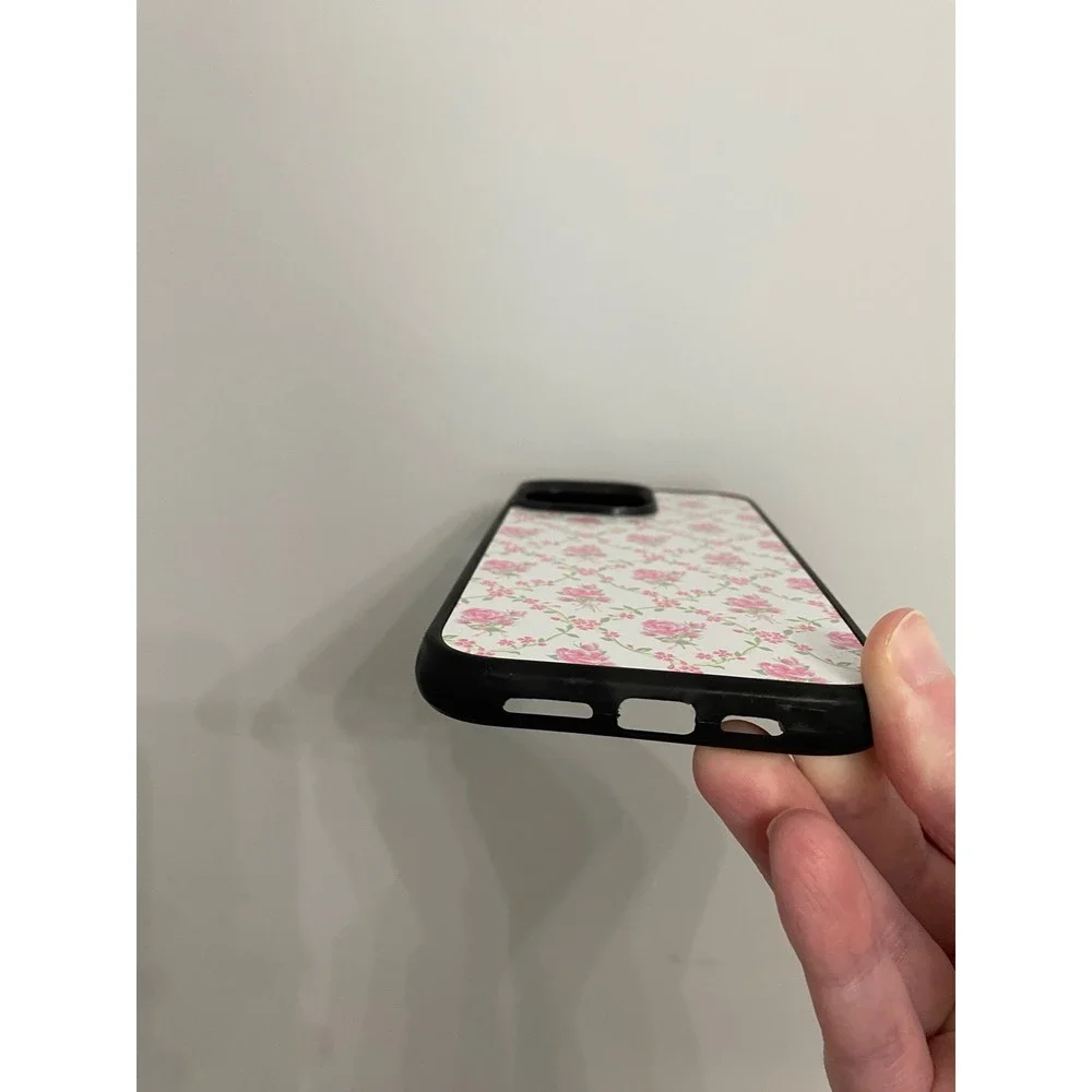 Phone Case Unisex iPhone 14 Pro Max White Pink Floral Rose Trellis Black Bumper